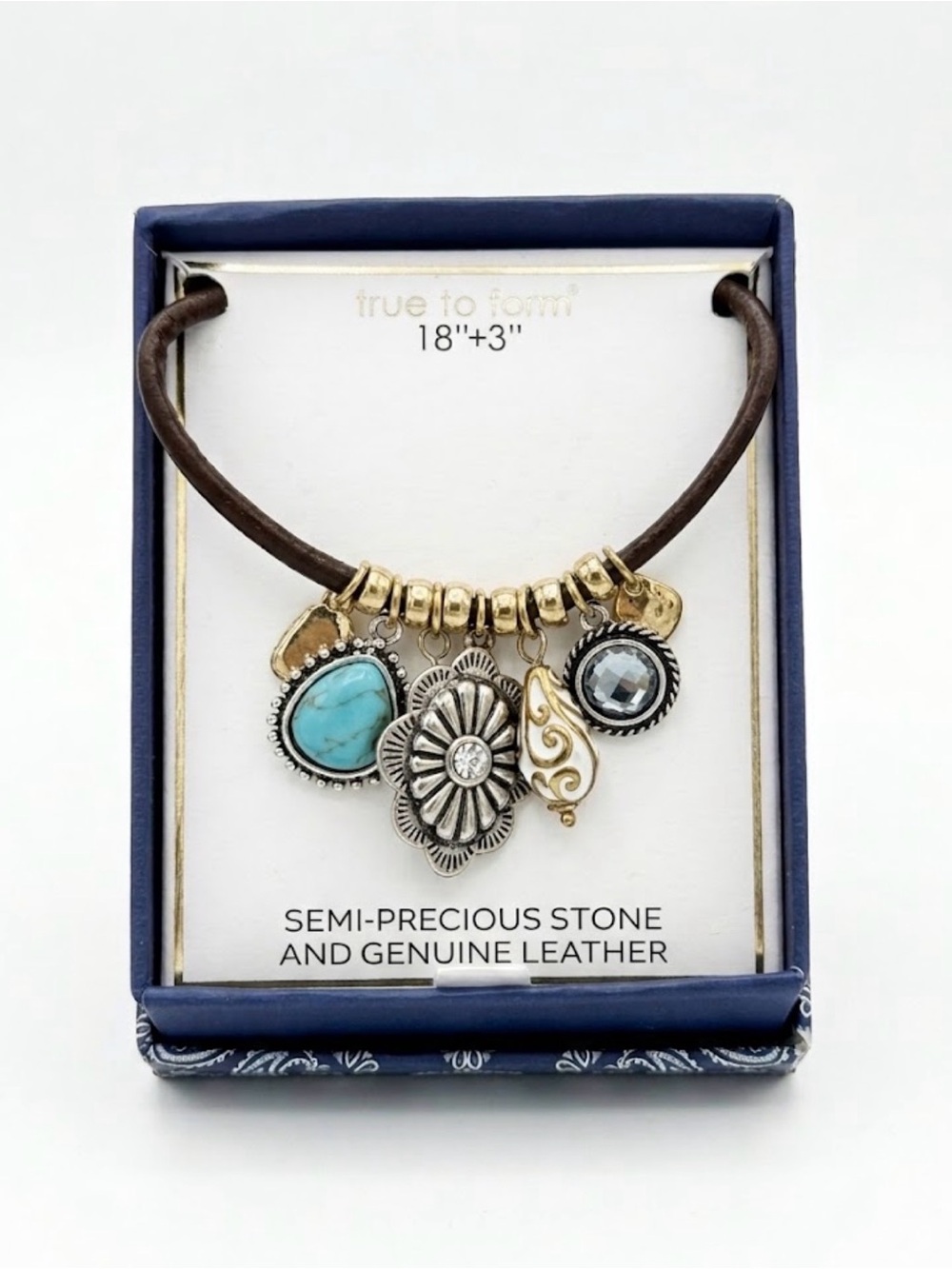 NWT ⚜️🩵⚜️ True To Form SEMI-PRECIOUS STONE AND GENUINE LEATHER NECKLACE
